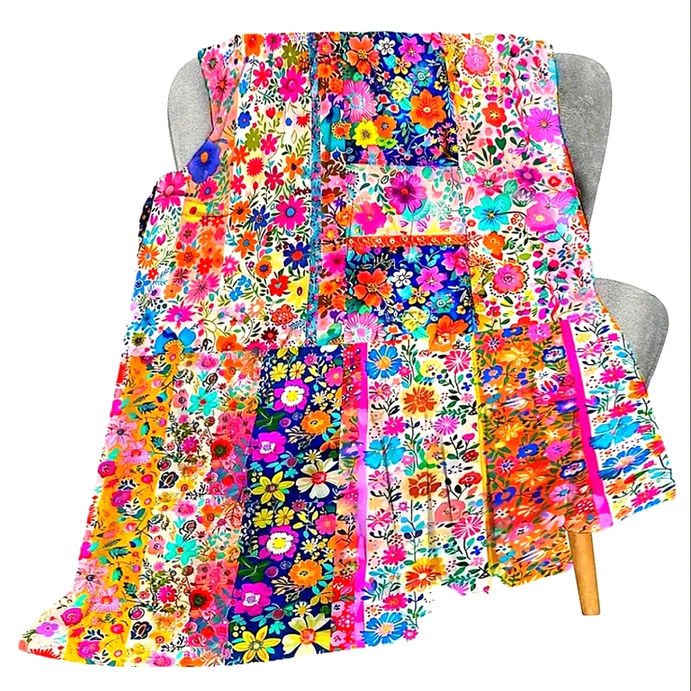 Floral Colorful Blanket Twin Soft Fleece Patchwork Print Pink Orange White Blue - Picture 5 of 8